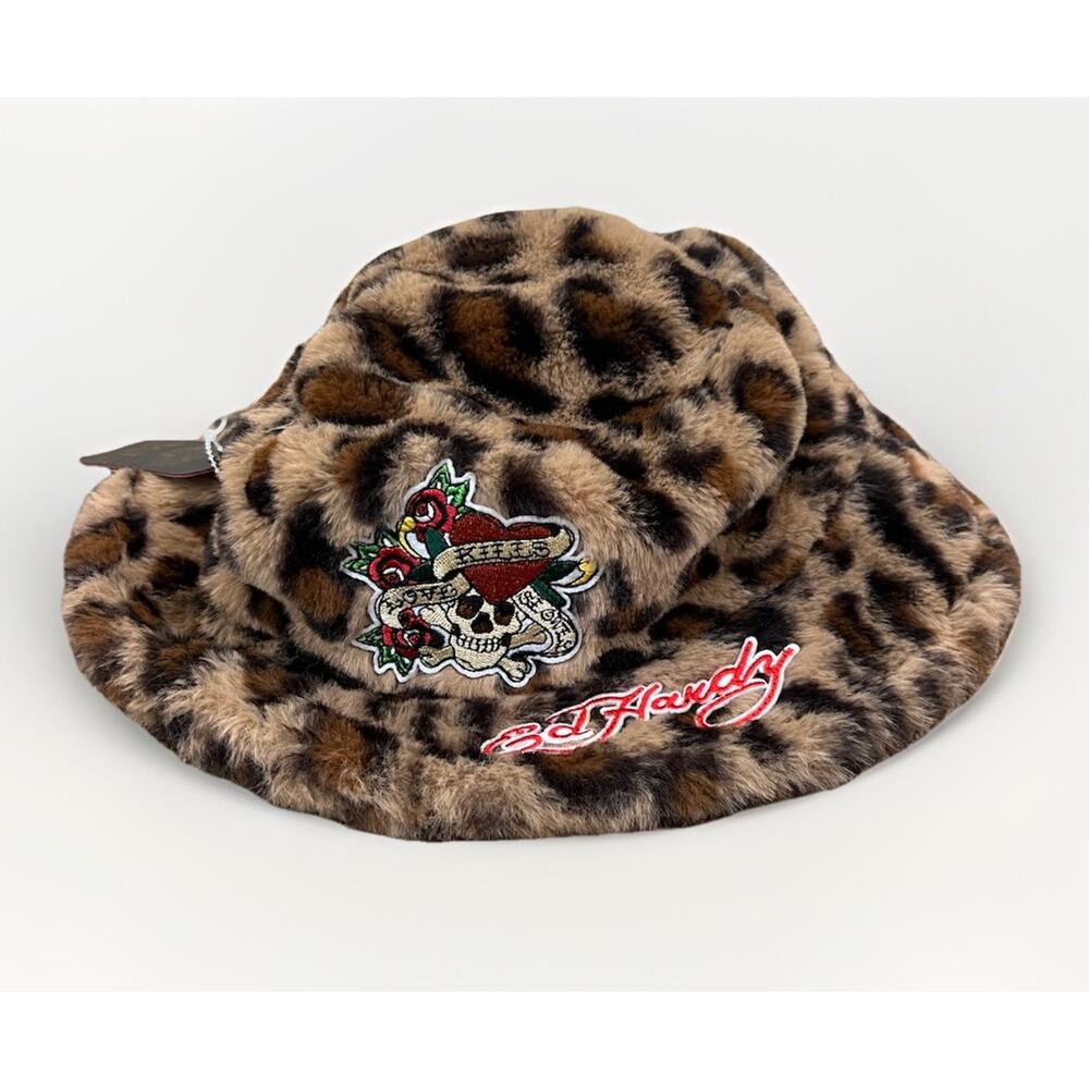 Ed Hardy NWT Leopard Bucket Hat Faux Fur Sherpa Skull Heart Embroidered Y2K OS